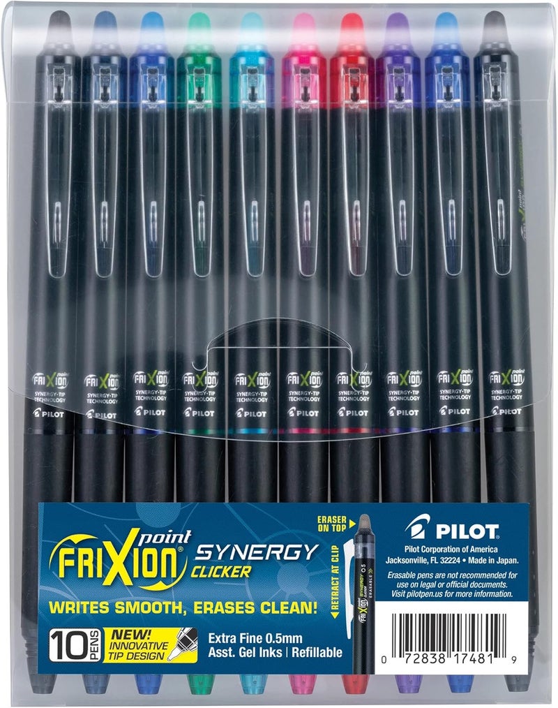 PILOT FriXion Synergy Clicker Erasable, Refillable, Retractable Gel Ink Pens, Extra Fine Point 0.5 mm, Pack of 10, Assorted Colors, FriXion Erasable Pens 0.5 - Ideal for School & Office Writing - Image 1